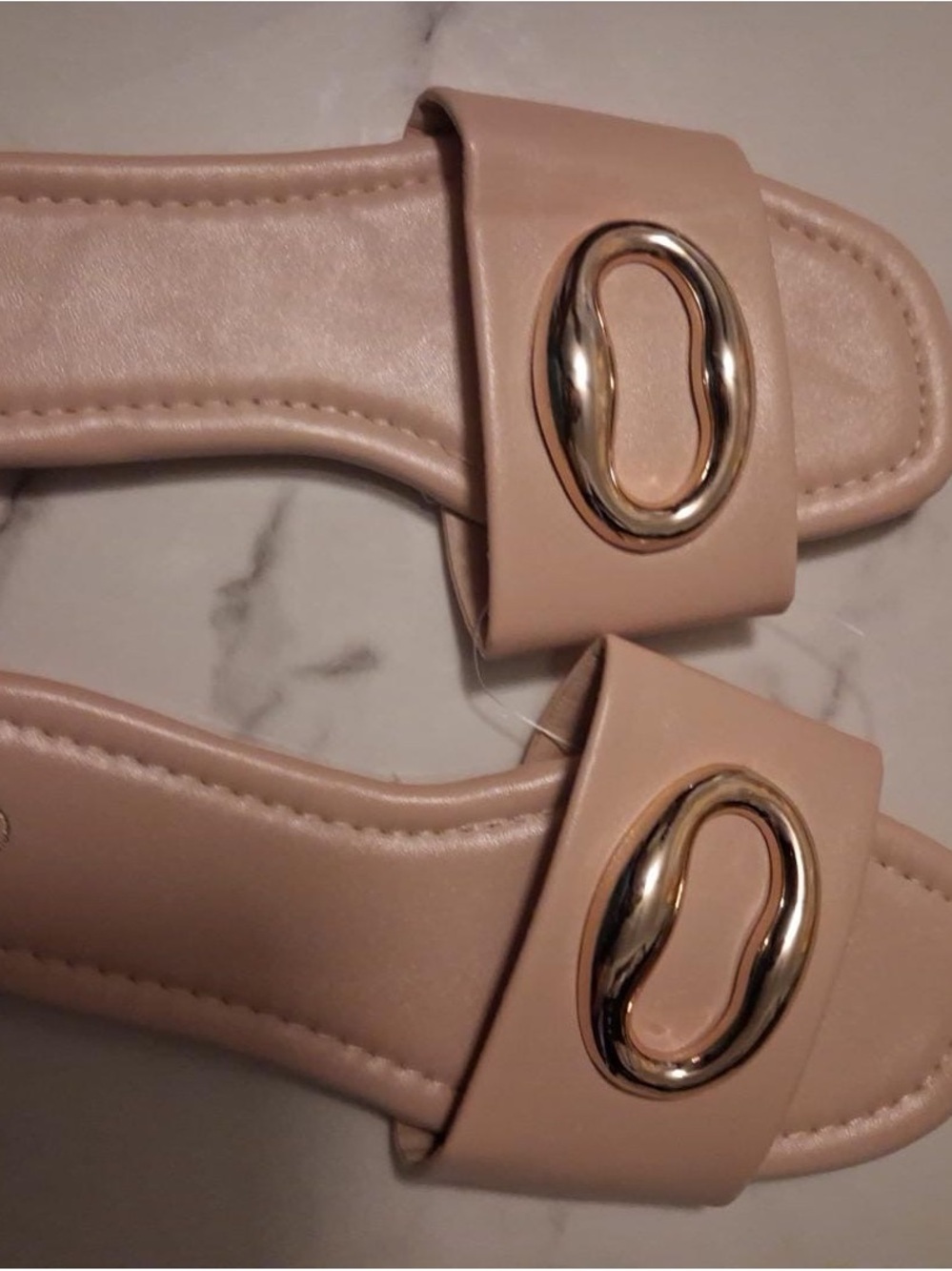 Women’s Nude Slide Sandals with Gold Oval Accent